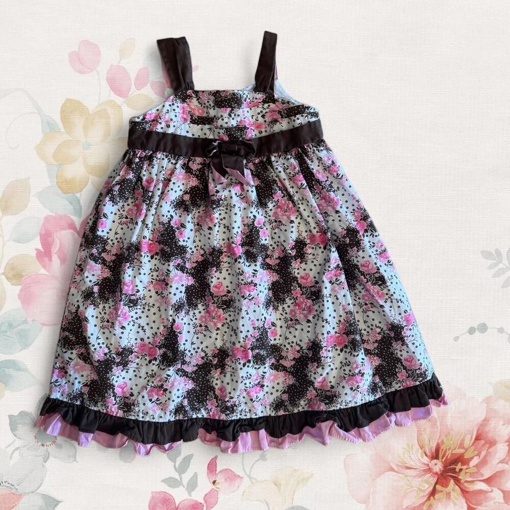 Vintage Girls 5 Pink and Brown Sun Dress with Pleats and Bow Y2K